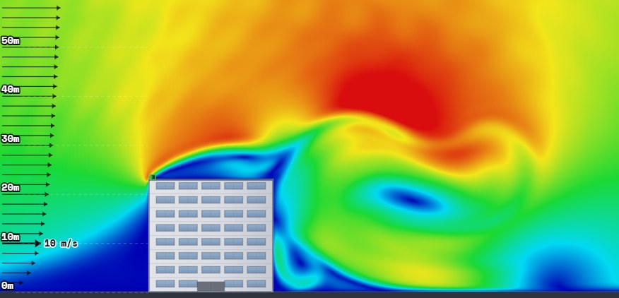 CFD simulation of wind speed over a tall flat-roofed building, with a height scale from 0 to 50+ m and a 10 m/s reference arrow