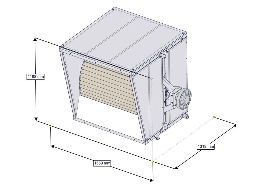 Dimensioned CAD drawing of the Flotier unit showing the internal airfoil and generator
